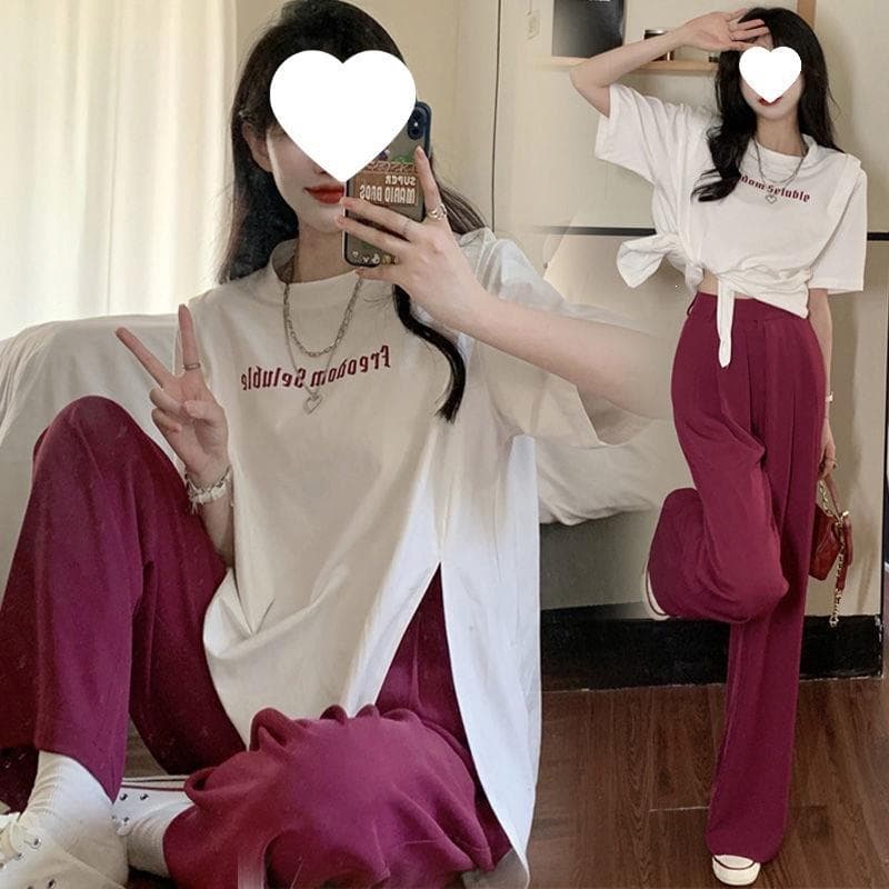 [Milk Silk + Twisted Silk Pants] Summer plus size women's short-sleeved flesh-covering slit top + two pieces of high-waisted wide-leg pants