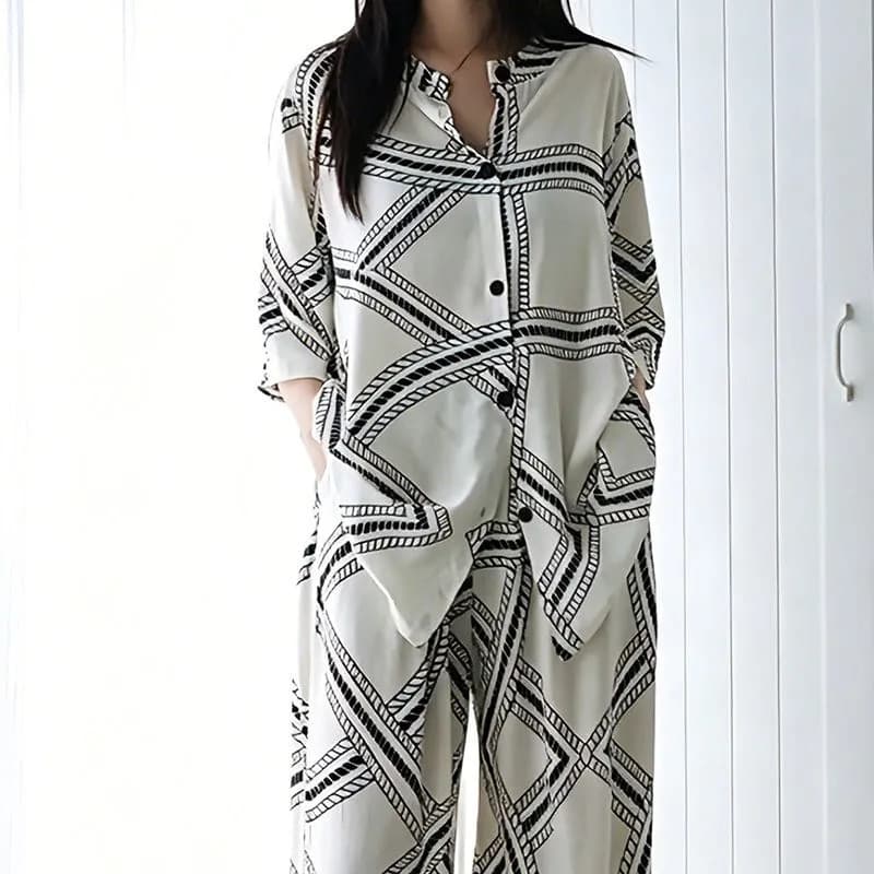 Summer Casual Long-Sleeve Wide-Leg Pajama Set Plus Size Cotton Sleepwear for Women with Pockets, Suitable for Outdoor Wear