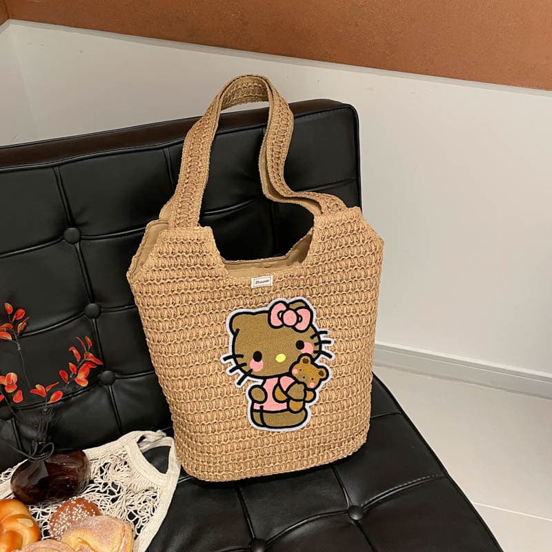 Zhouman's New Hello Kitty Straw Bag, Lazy Style, Large Capacity Shoulder Tote Bag for Seaside Vacation and Beach
