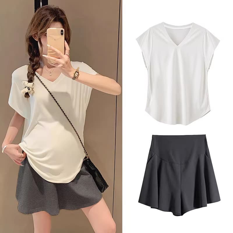 Maternity Set Summer Thin Casual Wear for Petite Women Short Sleeve Top Skirt Pants Two-Piece