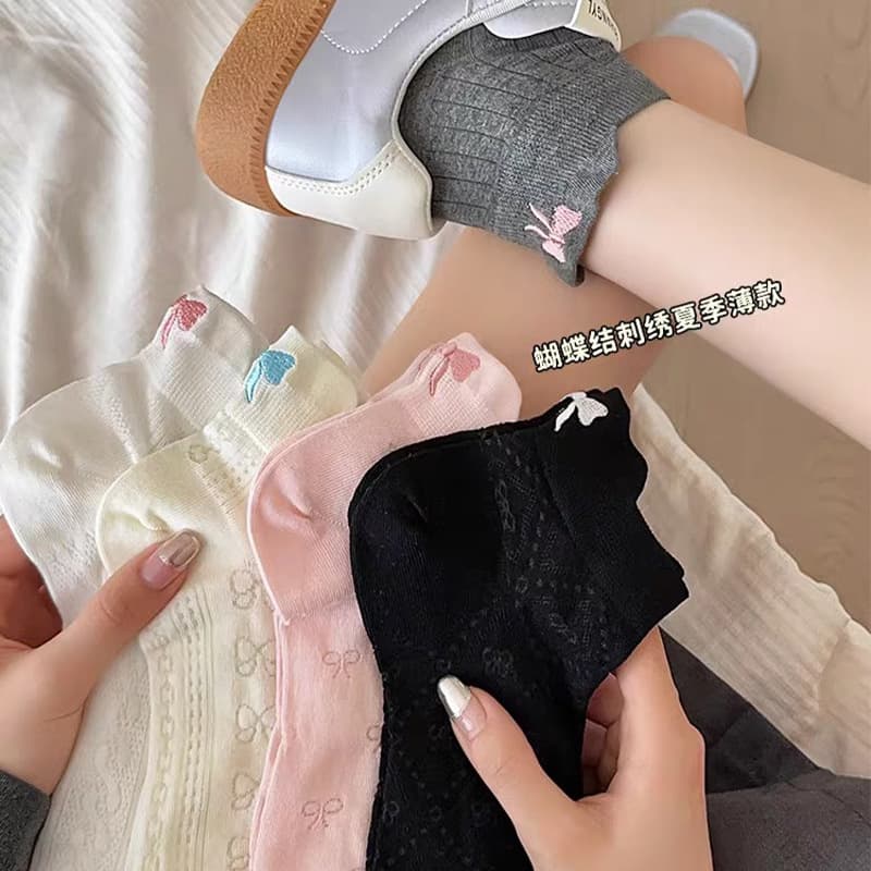 Summer New Thin Women's Socks Short Socks Mesh Breathable Embroidered Bow Sports K-Style Ins Trendy Socks Women's Socks