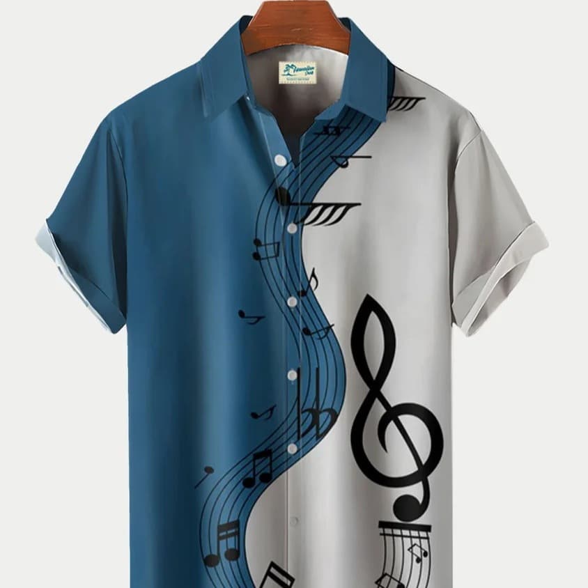 Amazon Export Men's Casual Shirt 3D Music Note Print Hawaiian Summer Short Sleeve Shirt