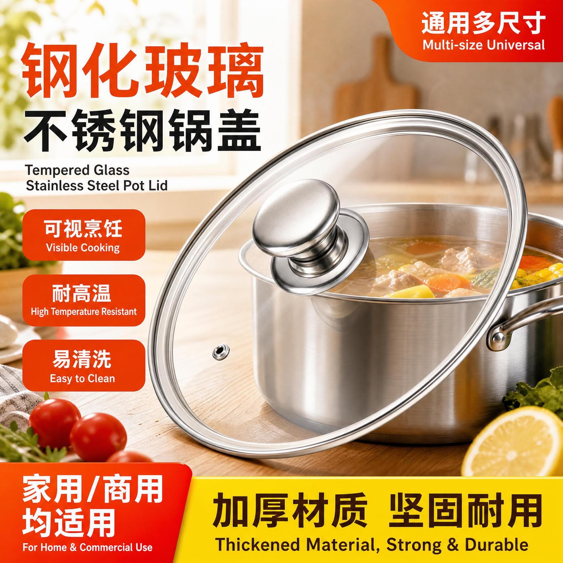 Tempered glass pot lid, stainless steel lid, visual soup pot, universal household manufacturer wholesale, thickened and high temperature resistant