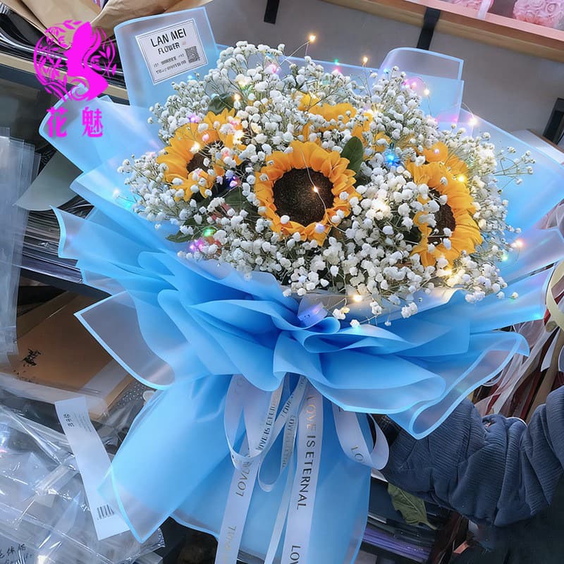 Blue Solid Gold Edge Jelly Film Waterproof Matte Paper Valentine's Day Flower Packaging Bouquet Floral Wrapping Paper Material