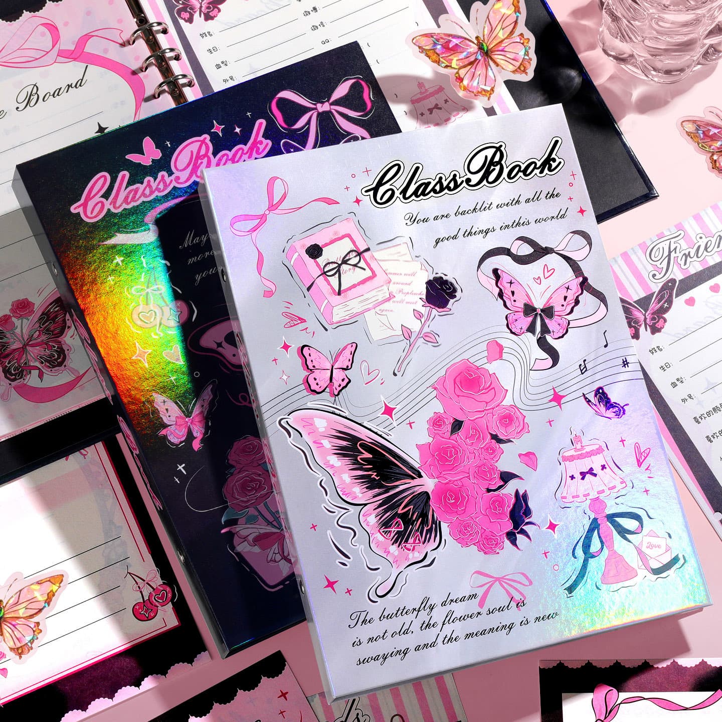 Black Pink Butterfly Yearbook High Appearance 2026 New Graduation Yearbook for Primary, Middle, and High School Students Memory Album