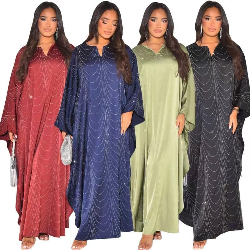 A001 Women's Fashion Loose Rhinestone V-Neck Dress