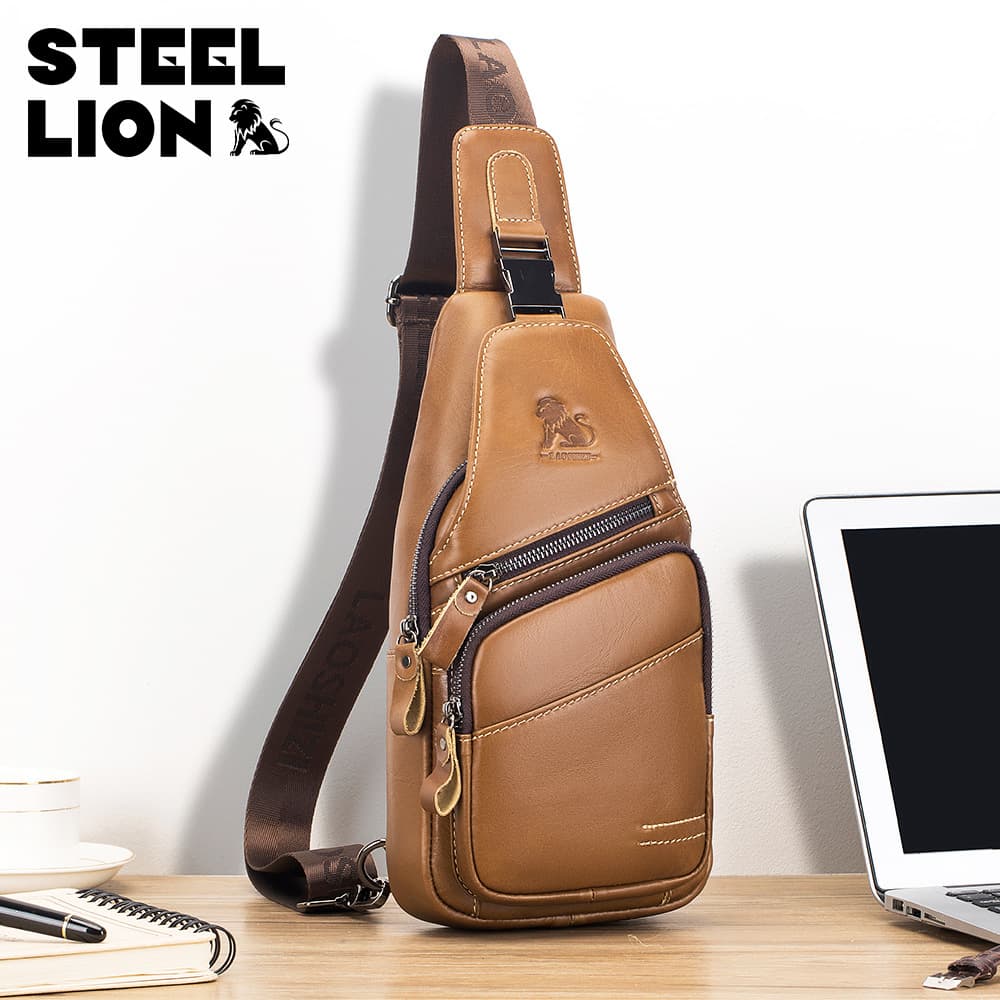 STEEL LION Genuine Leather Men's Chest Bag, Vintage Casual Single Shoulder Crossbody Bag, Versatile Fashion Large Capacity Front Pack