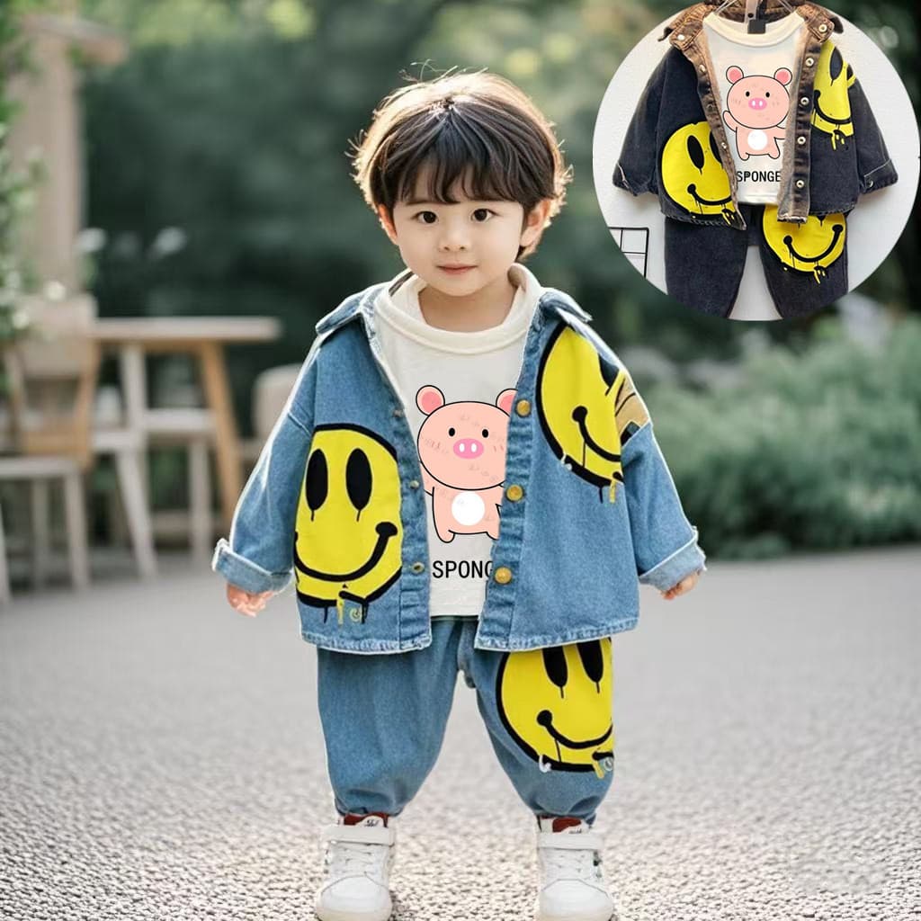 Casual and stylish three-piece set for one-year-old babies, featuring denim and smiley faces, perfect for spring and autumn.