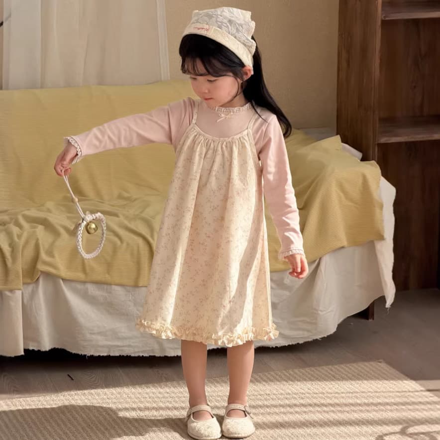 Maitianji Girls' Dress 2026 Spring Korean Floral Print Kids Sweet Fresh Cotton Suspenders Skirt