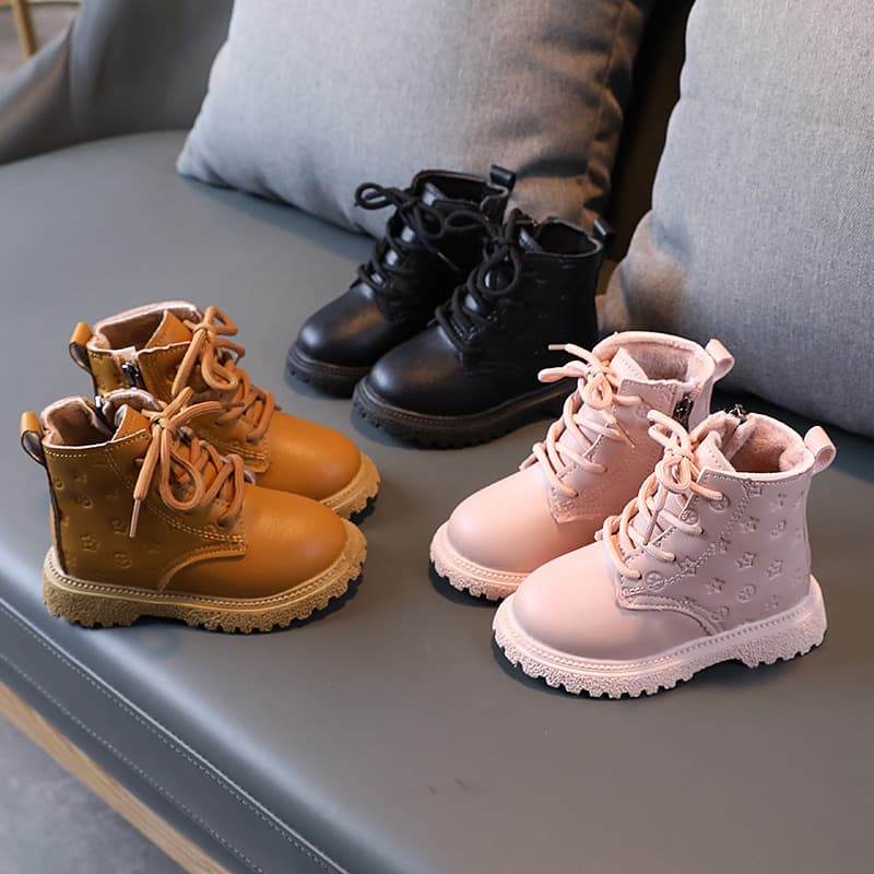 Winter High-Top Martin Boots for Kids, Boys' Fleece-Lined Warm Leather Boots, Girls' Cotton Boots, Solid Color Simple Children's Shoes