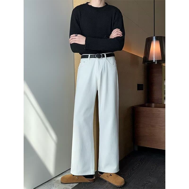 Spring and summer Korean style simple washed and distressed youth versatile loose jeans wide leg pants retro casual trousers for men