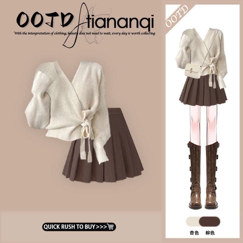 Solid Color Winter Lantern Sleeve Loose Fit Waist Short Sweater for Women, Slimming A-Line Gentle Style Pleated Skirt Two-Piece Set