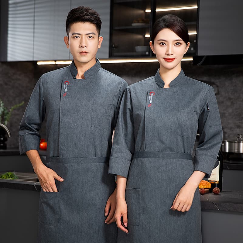Gray Long Sleeve Chef Uniforms Fashionable Hotel Men's And Women's Restaurant Kitchen Workwear Durable Breathable Polyester Cotton Blend