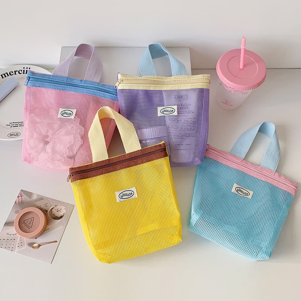 Hisocute Korean Style Multi-Function Mesh Storage Bag Small Handbag for Students Travel Portable Makeup Pouch