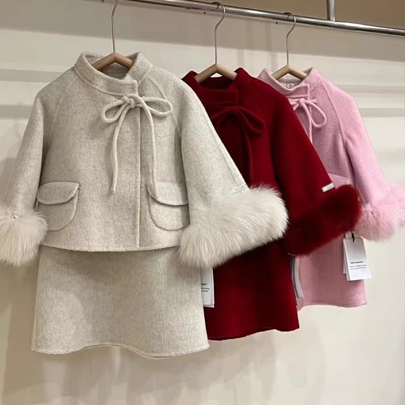 Girls' Top Coat 2024 Autumn Winter New Woolen Kids Clothing Dress Coat Girls Baby Overcoat Vest Dress Set