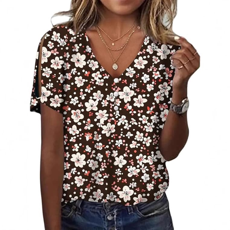 Cross-Border Bestseller 3D Printed Women's Three-Button V-Neck T-Shirt, Loose Casual Women's Top, Digital Print T-Shirt