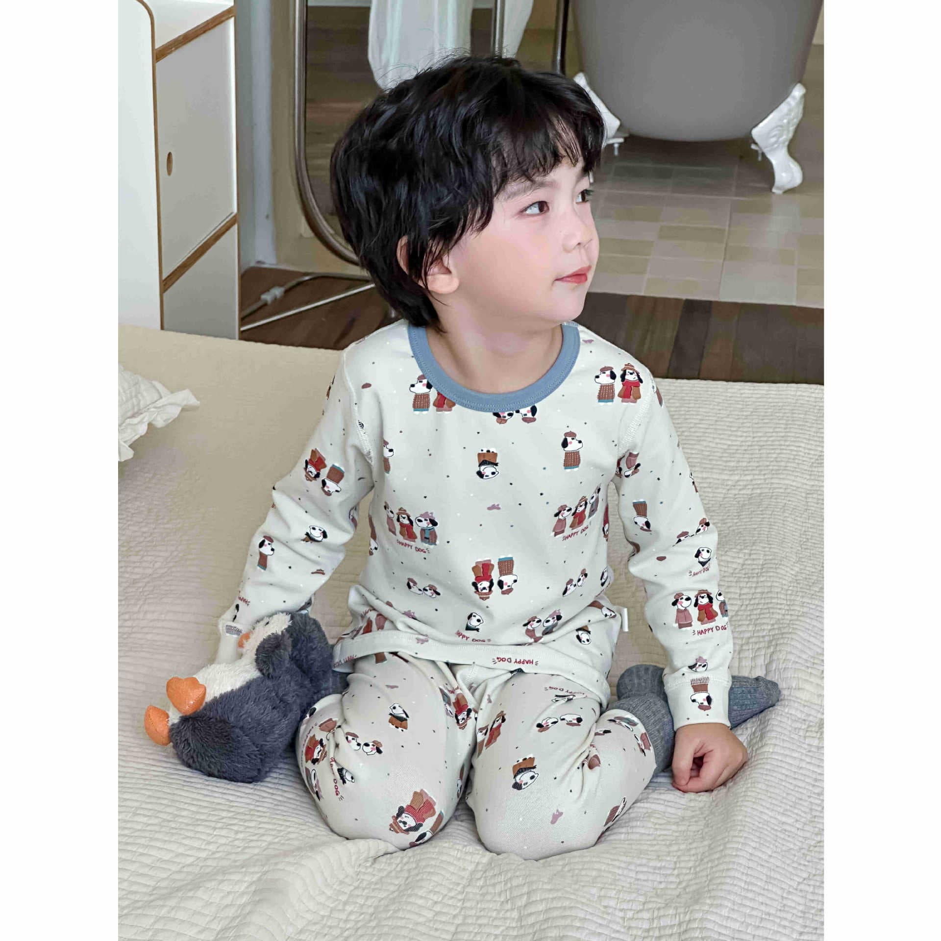New autumn and winter children's pull-up underwear set cartoon wool pull-up home clothes plus velvet thickening suit