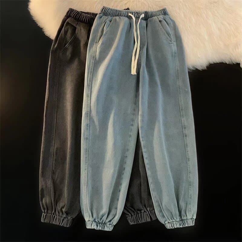 Elastic Waist Straight Leg Drawstring Jeans for Men, Durable Loose Fit, Oversized Work Jeans for Construction