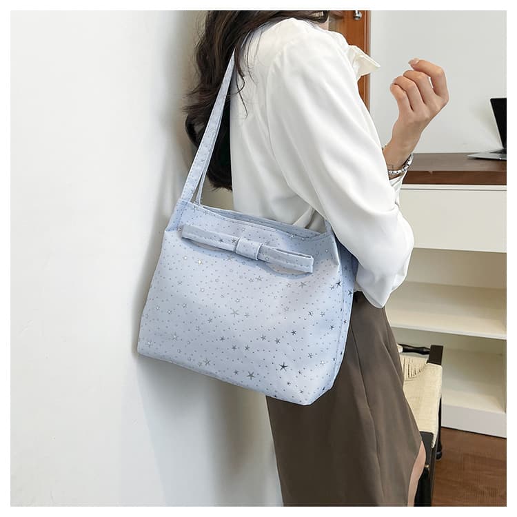 Large Capacity Bow Tote Bag Polka Dot Canvas Bag Korean Style Large Bag Commuter Bag School Bag Underarm Shoulder Bag