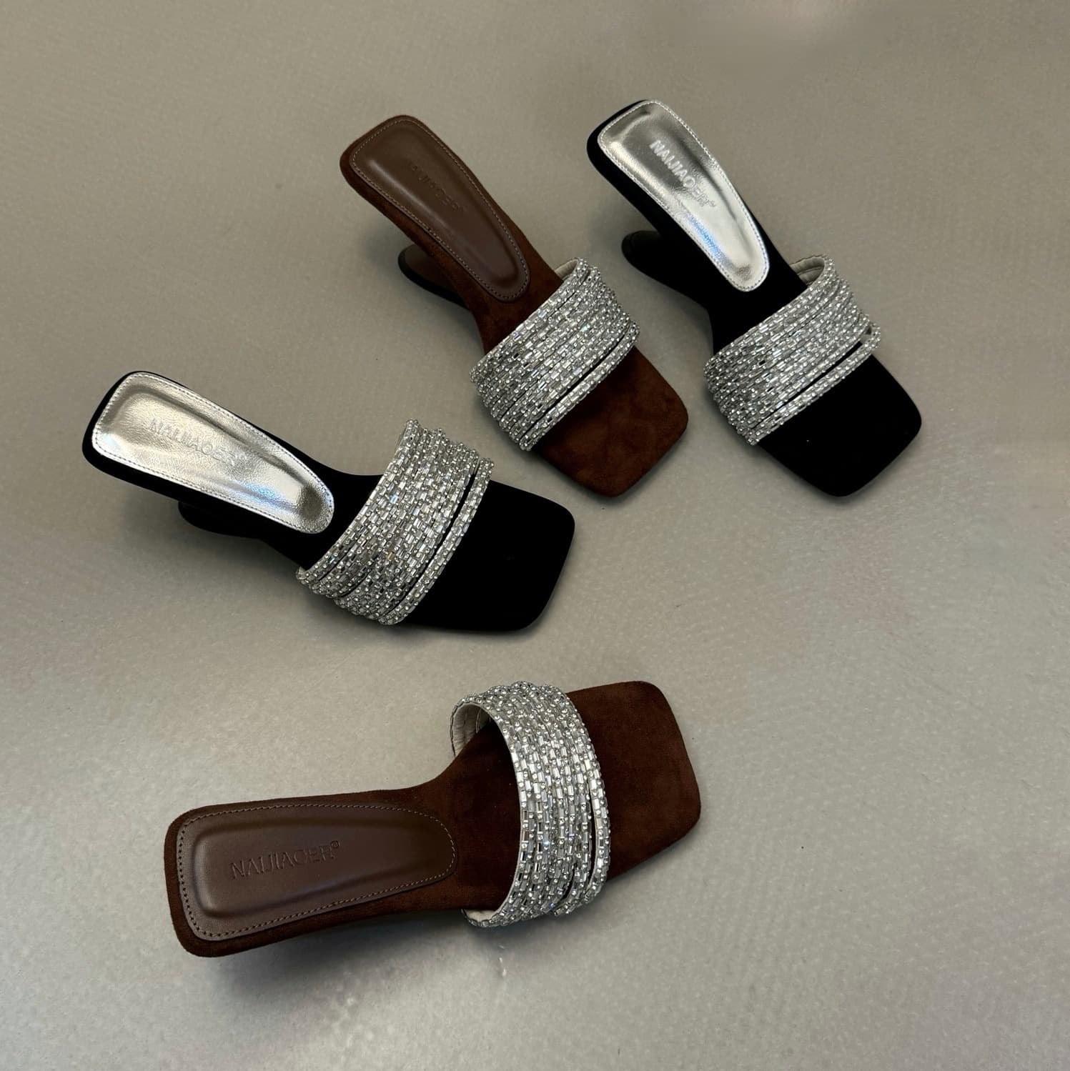 Elegant Rhinestone High-Heeled Sandals for Women, Summer 2026 New Style, Square Toe, Open-Toe Wedge Heel Slip-On Sandals
