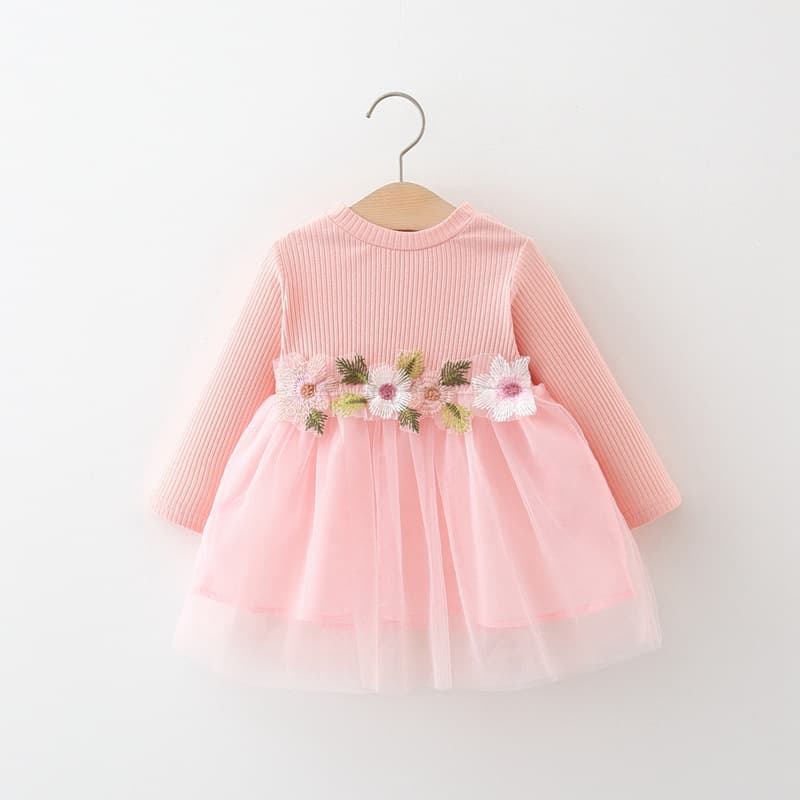 Girls' Spring and Autumn Floral Mesh Dress, New Children's Princess Dress, Stylish Long-Sleeve Baby Dress Wholesale