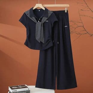 European Style Women's Sportswear Set: Fashionable Cape T-Shirt with Wide-Leg Straight Pants, 2-Piece Trendy Outfit