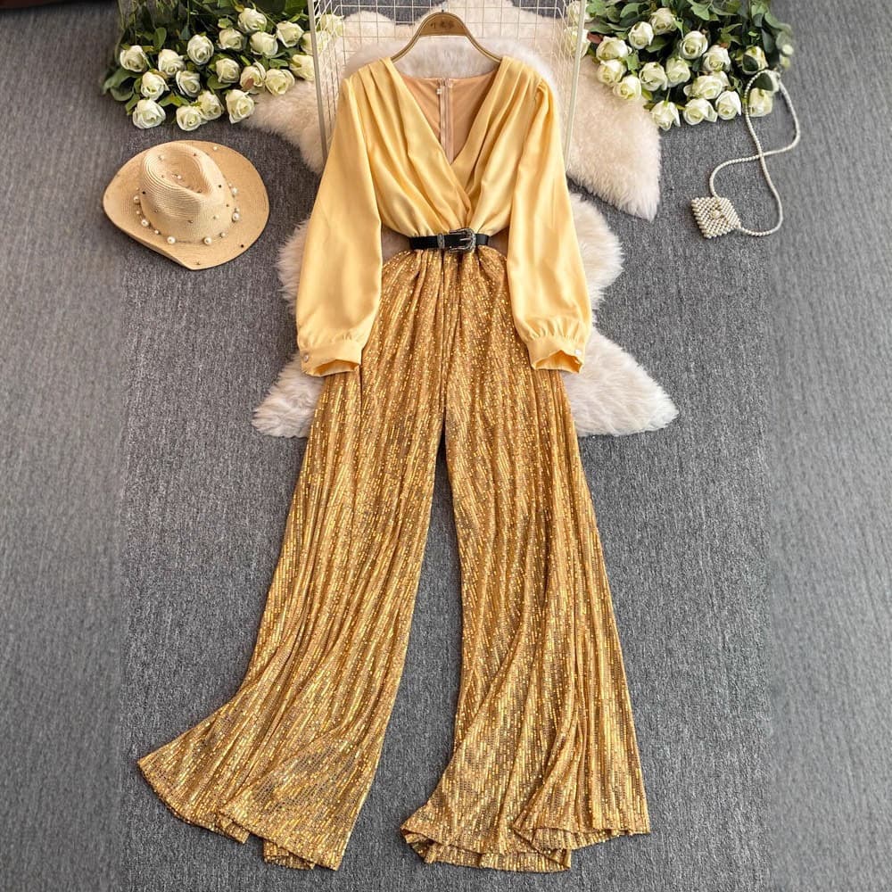 Strictly Selected V-Neck Jumpsuit Dress for Women, Elegant and Slimming, High-End Glitter Style for Mature and Sophisticated Look