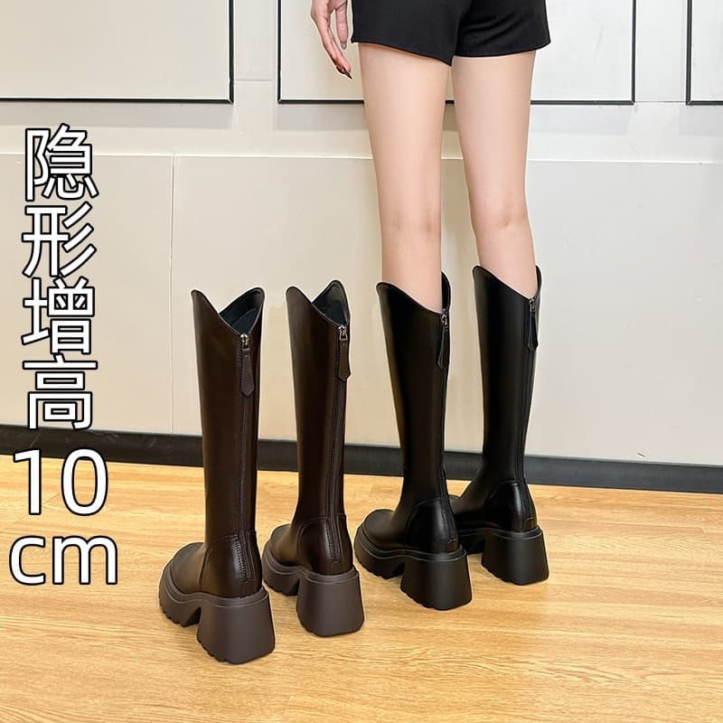 Women's Long Boots 2025 Autumn Winter New Style Inner Height Increase Chunky Heel V-Neck Slimming Not Over Knee Fleece Lined Warm High Tube