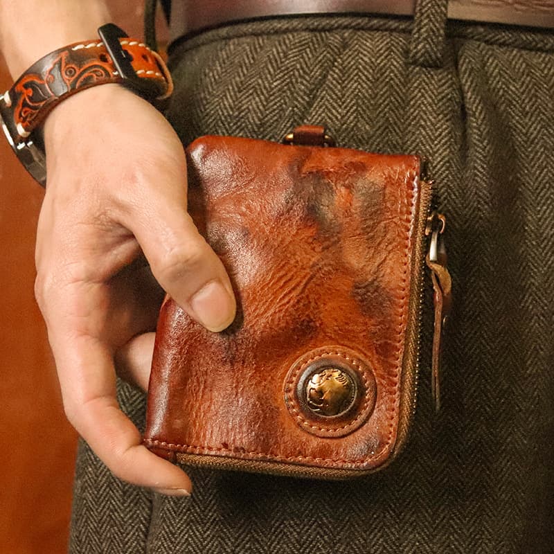 First-layer cowhide coin purse for men, retro key bag with zipper, multi-functional card holder, hand-made old polished small wallet for women
