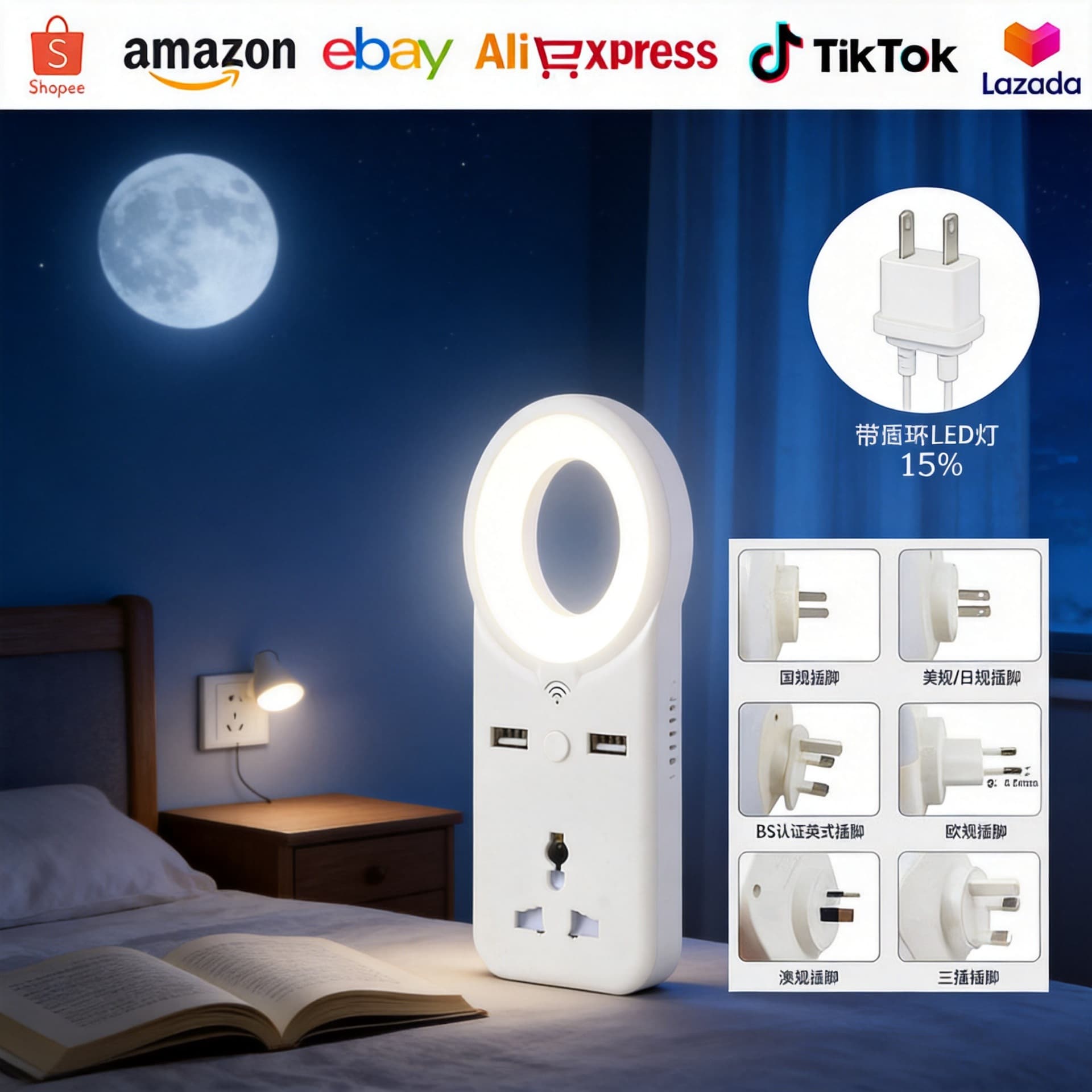 Cross-border New Remote Control LED Night Light for Bedroom, Night Light with EU/US/JP Plug and USB, Bedside Lamp