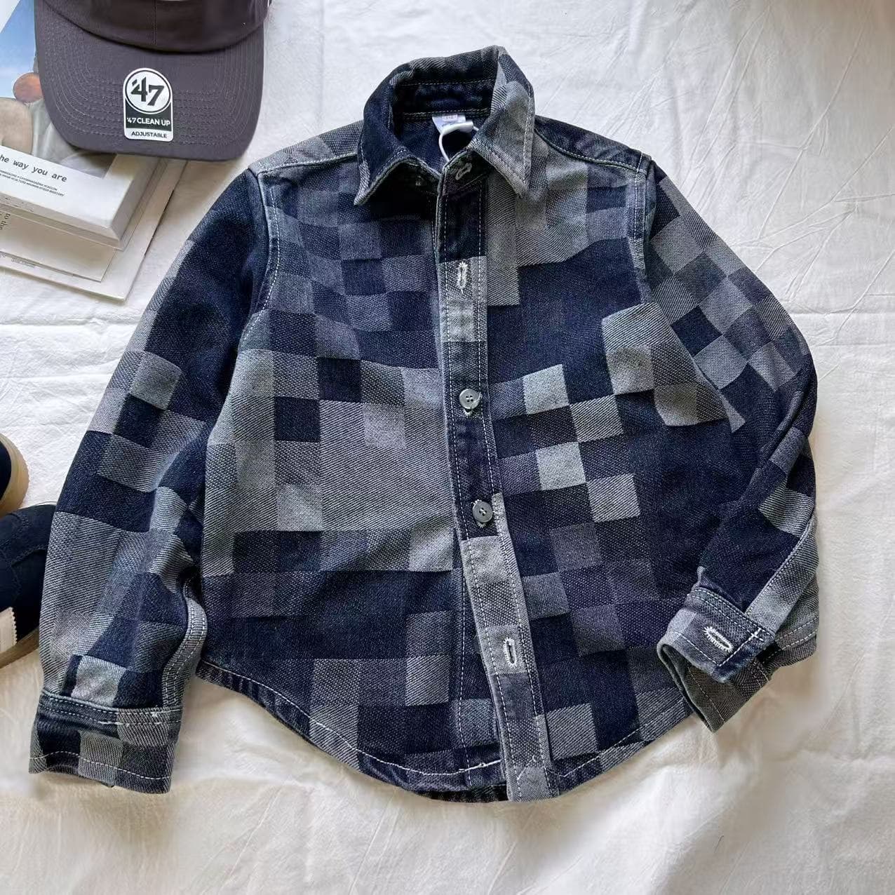 In Stock 2025 Autumn/Winter Original Children's Retro Mosaic Checkerboard Pattern Jacquard Collar Denim Shirt Jacket Thick