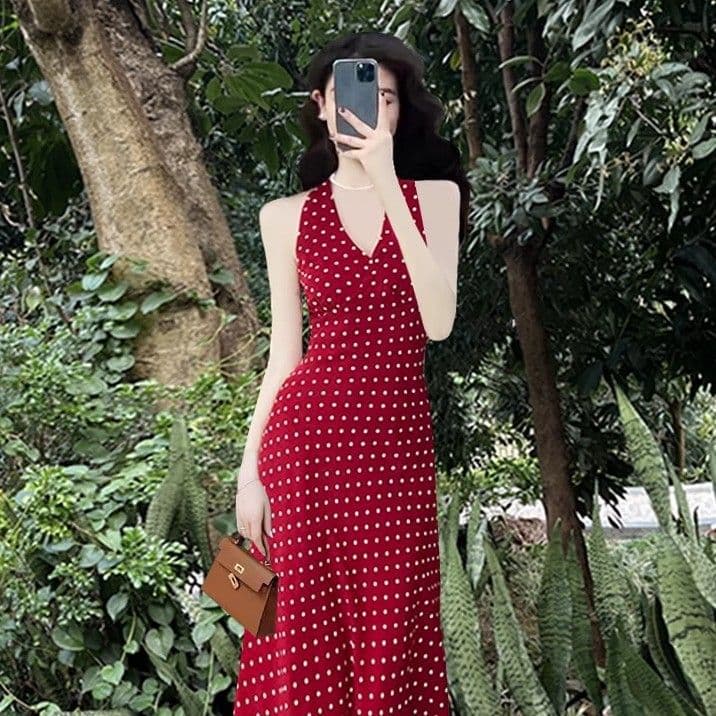 Red polka-dot halterneck suspender dress for women's summer travel, beautiful seaside vacation, beach long skirt, exclusive for cross-border supply