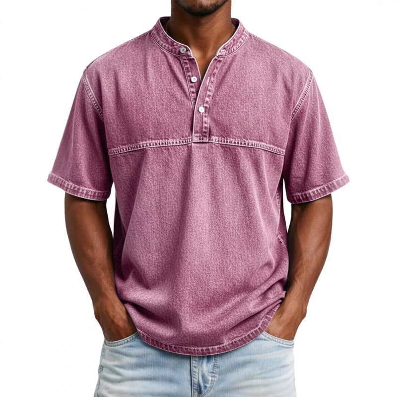 Casual Sportswear Regular Shoulder Round Neck Three-Button Short Sleeve Henley Printed Shirt, Stock from Source Factory, Old Money Style Summer