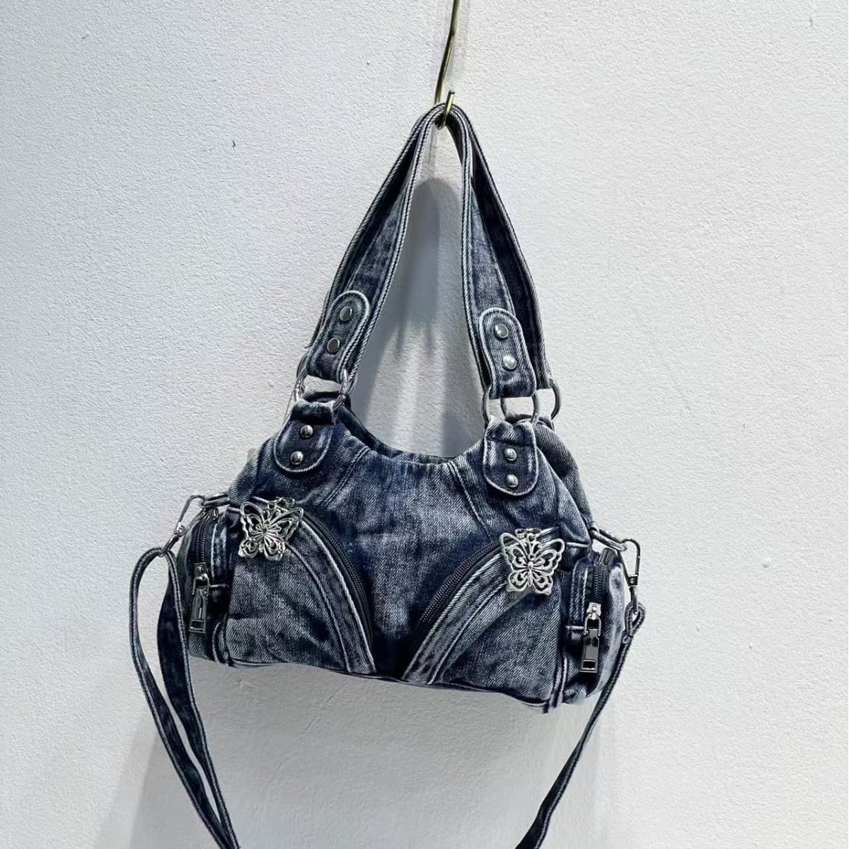 2024 New European and American Fashion Underarm Bag Premium Washed Denim with Rivets Street Style Versatile Handheld Crossbody Bag