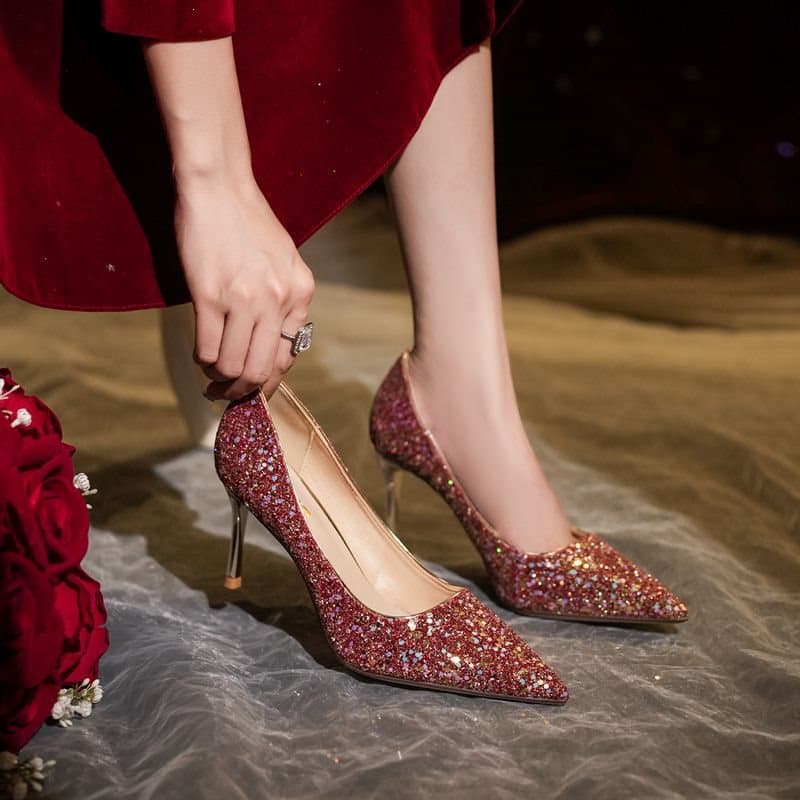 Wedding Dress Xiuhe Red Wedding Shoes Bride's Shoes Women's Stiletto Heels 2023 Engagement Wedding Crystal Sequin Pointed Toe High Heels