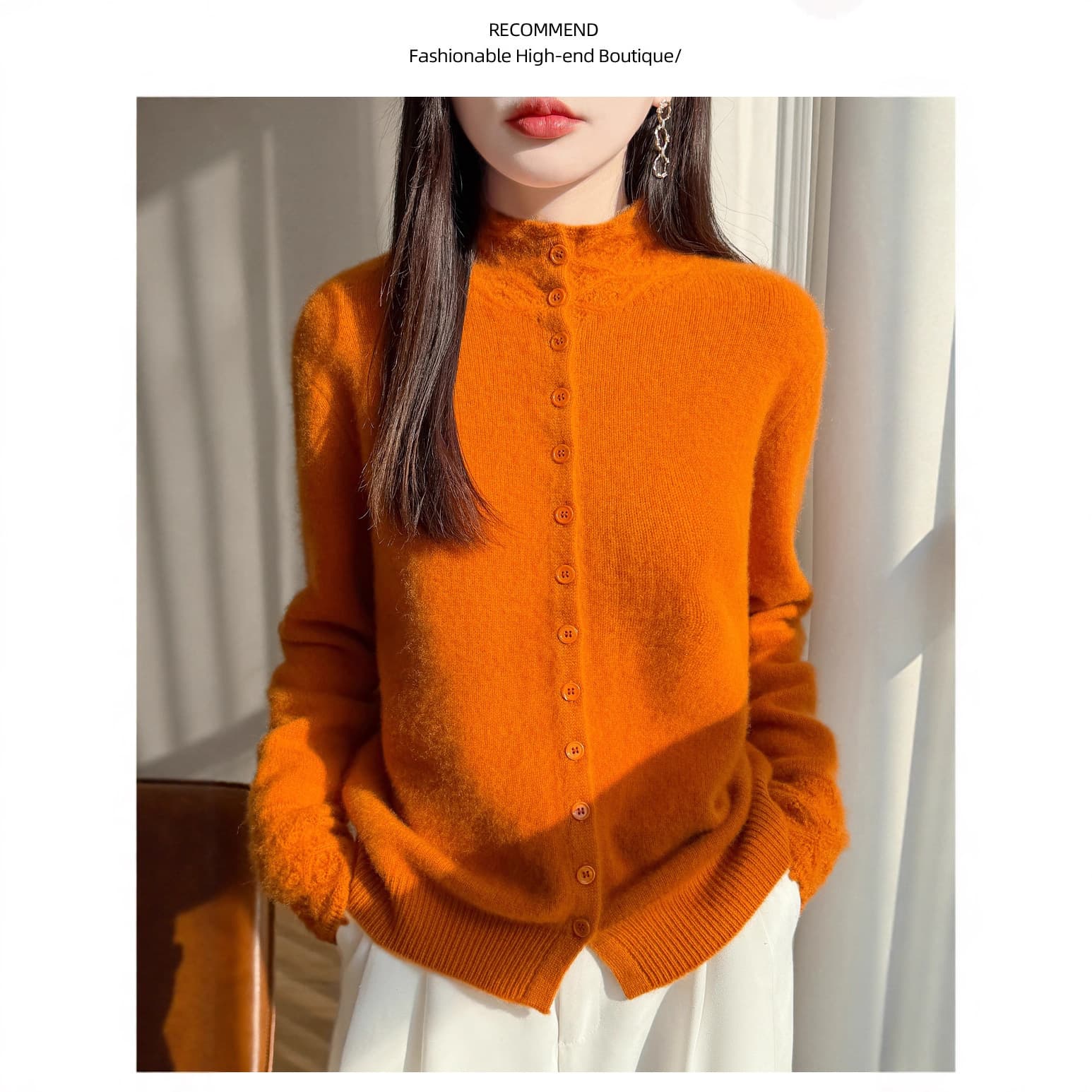 Cross-border Exquisite Design Crochet Half-High Collar Warm Knit Cardigan for Women Autumn/Winter Skin-Friendly Fleece Stylish Loose Thick Sweater