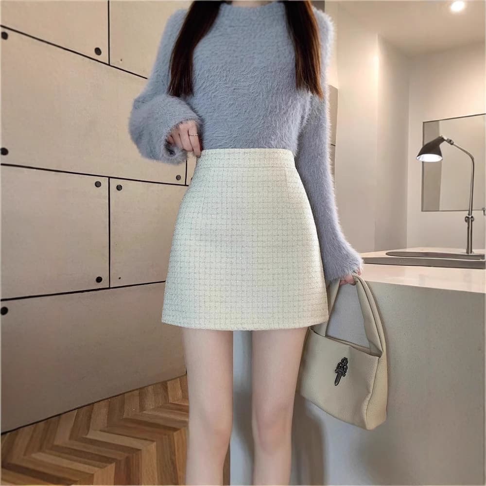 Elegant High-Waisted A- Line Tweed Mini Dress For Women Petite Slimming Bodycon Skirt Coarse Tweed Style Perfect For Autumn/Wint