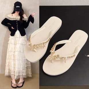 Summer Versatile Korean Style Seaside Starfish Flip Flops for Women, Fashionable Rhinestone Flat Sandals, Non-Slip Outdoor Wear