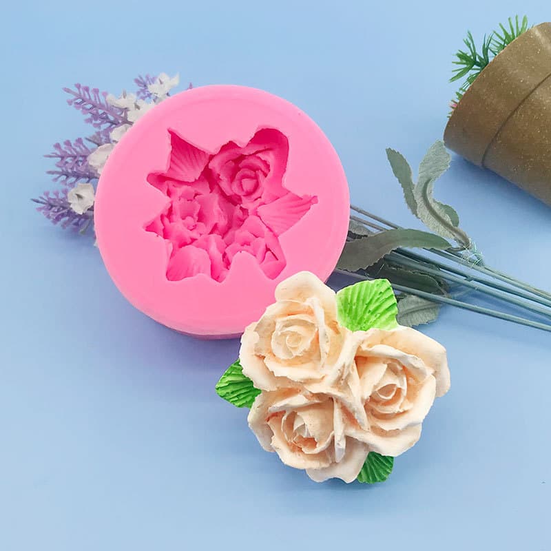 Three Rose Flowers with Leaves Silicone Mold, Flower-Shaped Cake Baking Mold, Chocolate Fondant Mold, Candle Mold