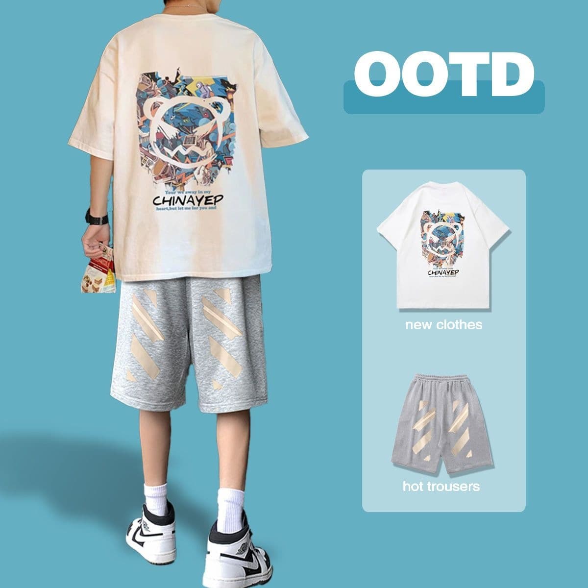 Summer Short Sleeve Men's Loose Streetwear Printed T-Shirt Casual Sportswear Set Trendy Student Stylish T-Shirt Men's Full Set