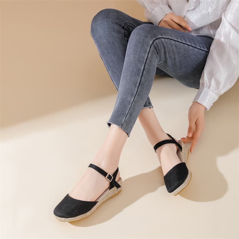 New 26 Summer Autumn Wedge Heel Women's Sandals, Old Beijing Cloth Shoes, High Heel Outdoor Wear, Solid Color Woven Fisherman Slippers