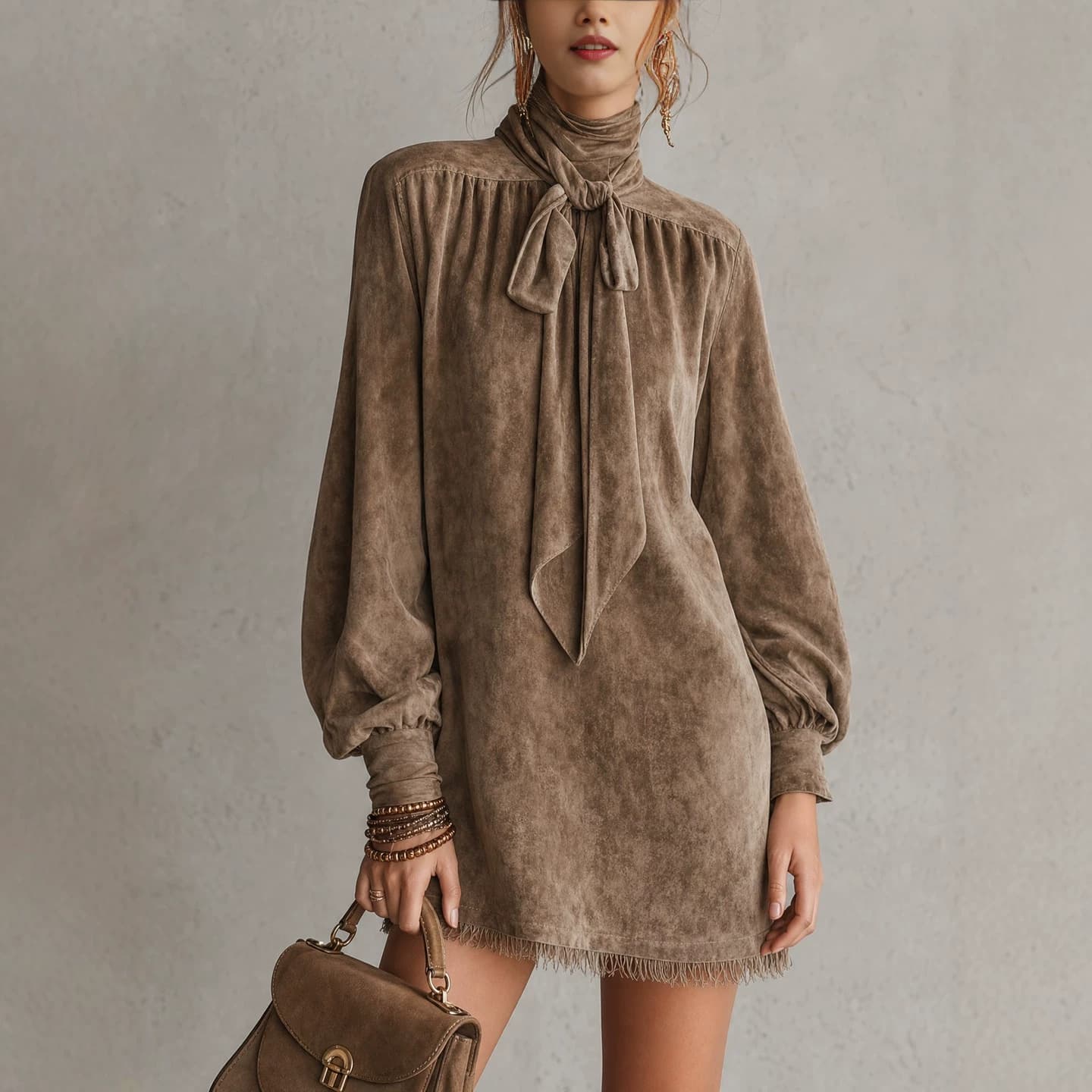 2026 European/American Cross-Border Elegant Retro Style Women's Dress, Loose Puff Sleeve Bow Solid Ruffle Velvet Dress