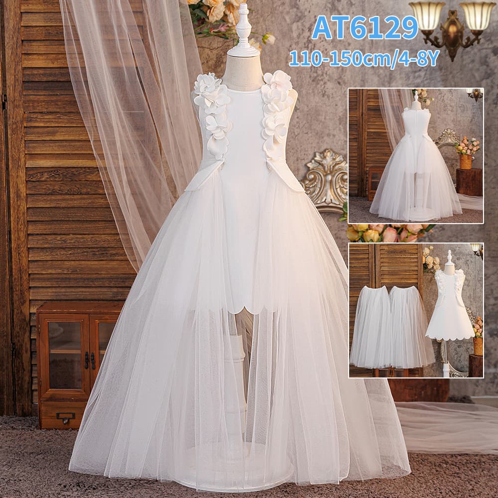 Girls Princess Dress Long Tulle Wedding Gown Runway Performance Party Dress Puffy Princess Dress
