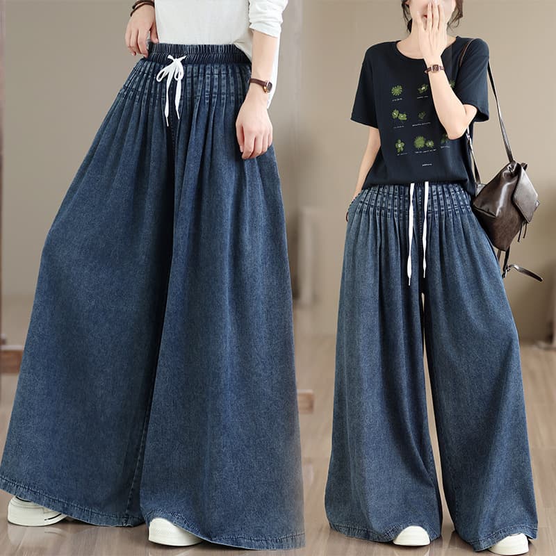 Women's plus size jeans summer and autumn loose wide-leg pants elastic waist drape casual pants retro washed denim skirt pants