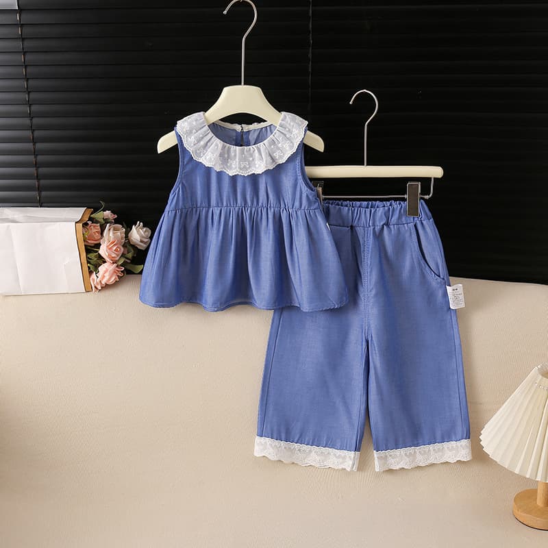 Girls Summer New Stylish Sleeveless Korean Style Toddler Outfit Set Doll Collar Lace Denim Shorts Two-Piece Set