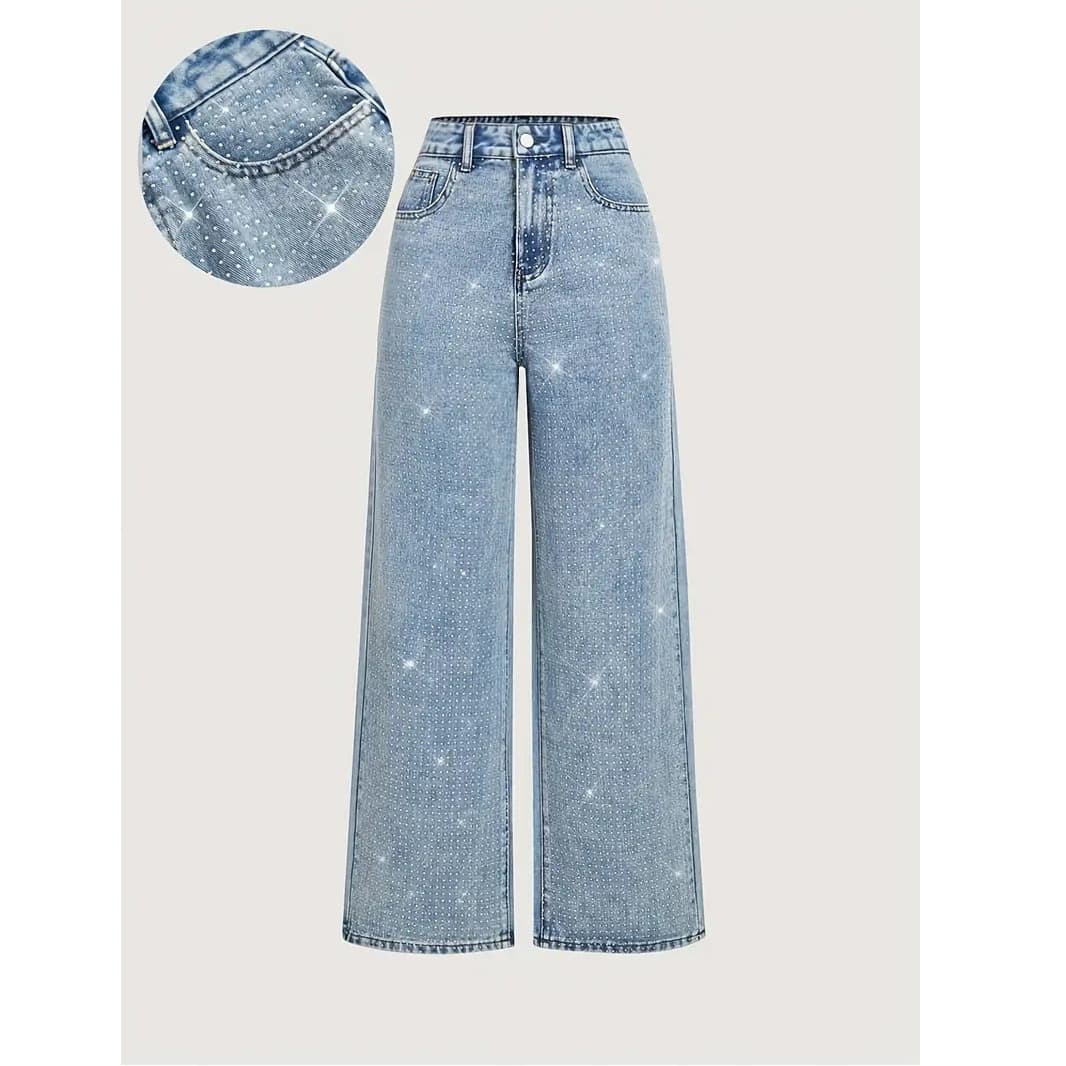 New Cross-Border Women's Plus Size Relaxed Straight Leg Jeans, Washed Denim, Stretch Denim, Rhinestone Embellishment