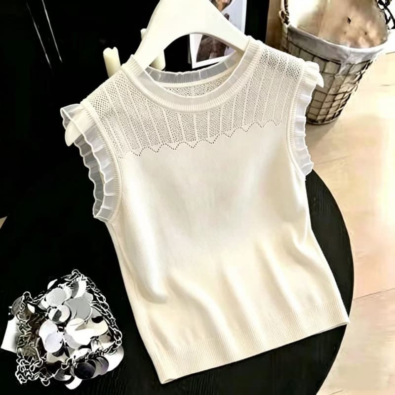 Real Shot! Real Shot! 2026 Summer Round Neck Thin Knitted Vest Women Stylish Hollow Sleeveless Camisole T-Shirt