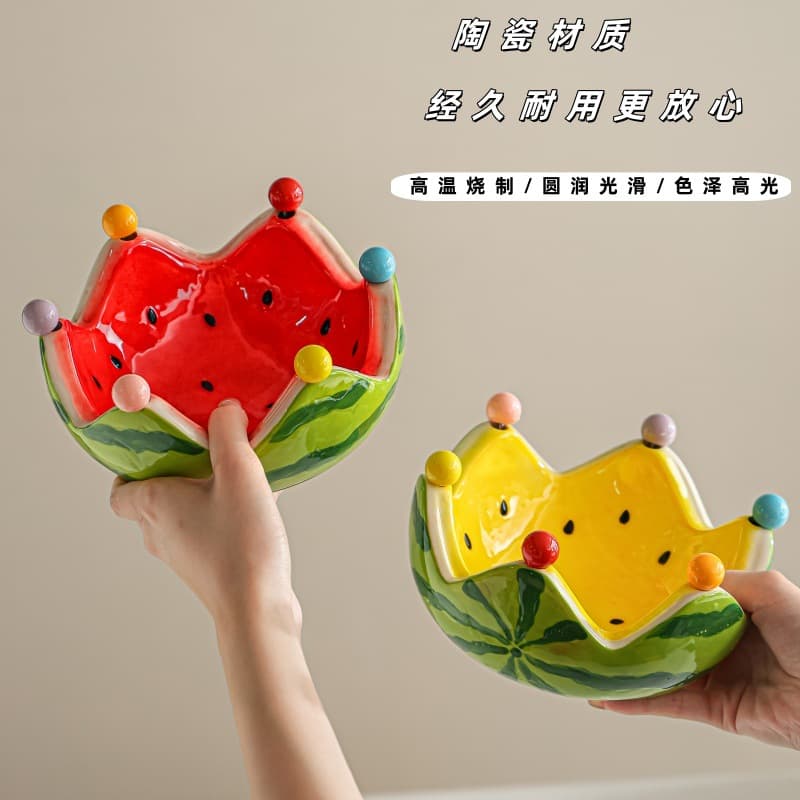 Creative Watermelon-Shaped Ceramic Fruit Plate with Fruit Fork Set, Home Fruit Picks, Dessert Forks, and Storage Bowl
