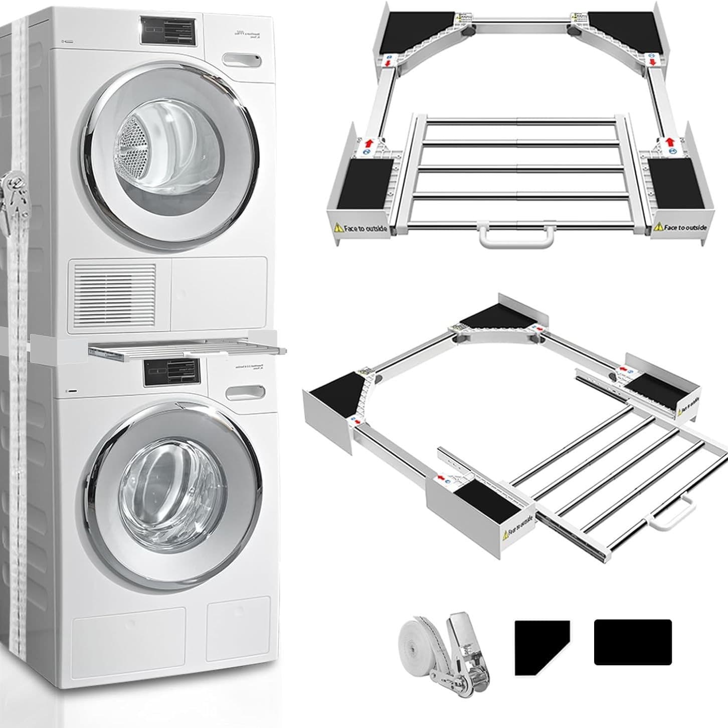 Universal Stacking Kit for Washing Machine and Dryer - Connectable Base with Pull-Out Bracket and Tie Rope
