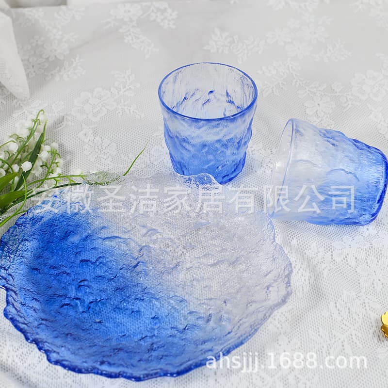 Light Luxury Crystal Gradient Glass Plate Glass Cup Set Glacier Pattern Cup Irregular Fruit Salad Plate Household Fruit Plate